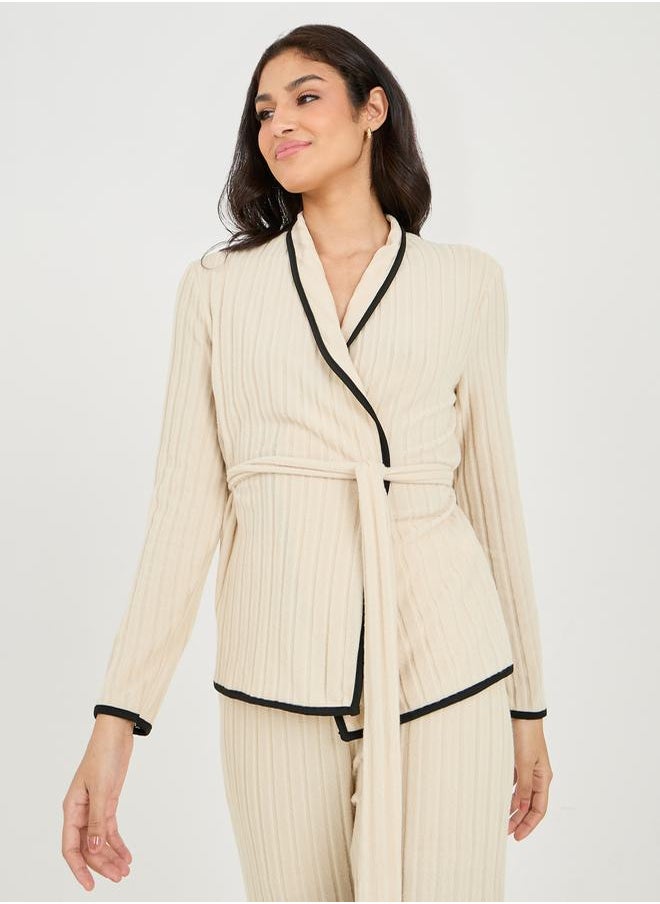 Styli - Brushed Rib Piped Edge Tie Front Shirt & Pyjama Set - Image 1