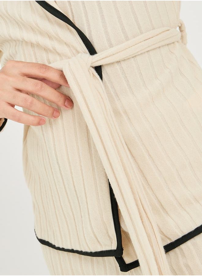 Styli - Brushed Rib Piped Edge Tie Front Shirt & Pyjama Set - Image 1