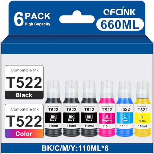 OFCINK Replacement for Epson 502 522 High Capacity (6 Bottles) Ink Refill Bottles Replacement for Epson 502 522 Ink Use for EcoTank ET-3760 ET2760 ET2750 ET-4760 ET-2850 ET-15000 ST-4000 ST-2000 - Image 1