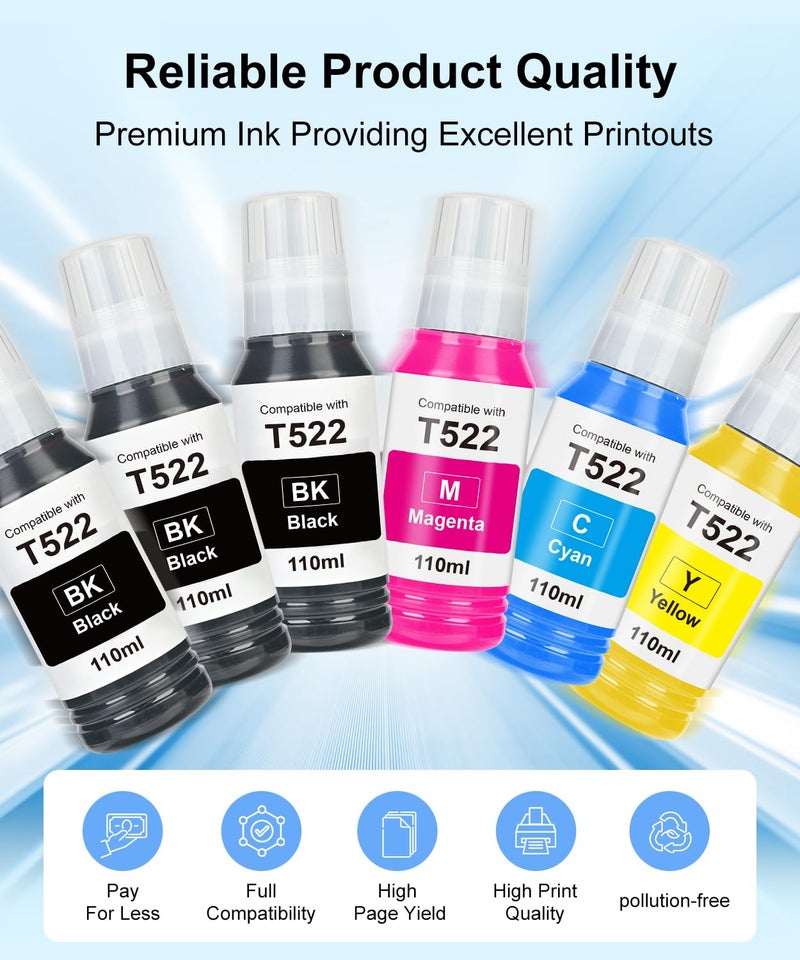 OFCINK Replacement for Epson 502 522 High Capacity (6 Bottles) Ink Refill Bottles Replacement for Epson 502 522 Ink Use for EcoTank ET-3760 ET2760 ET2750 ET-4760 ET-2850 ET-15000 ST-4000 ST-2000 - Image 3
