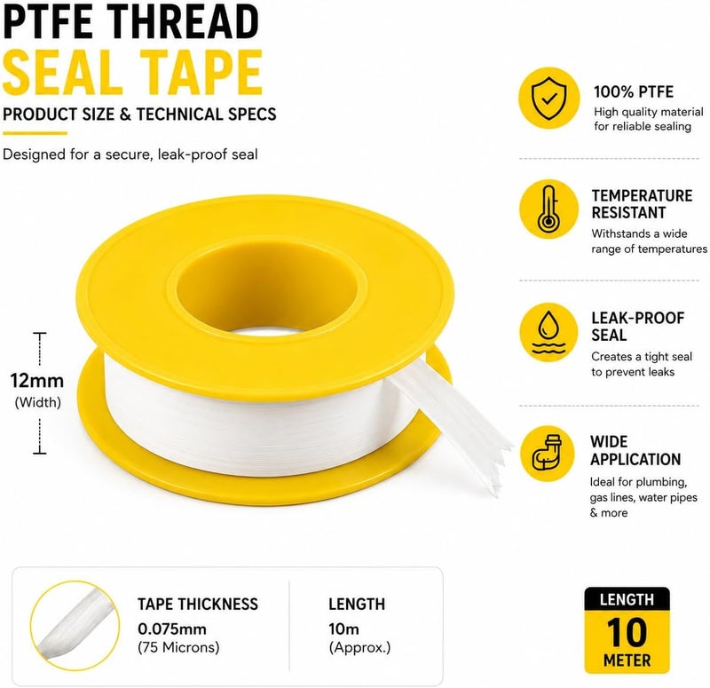 Hasanat Essentials PTFE Thread Seal Tape 12mm x 0.075mm x 10 Meter - Pack of 2 - Image 2