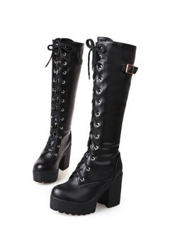 Loquat Women's Thick High Heels Lace Up Boots Round toe Punk Platform Booties Black  - Image 1