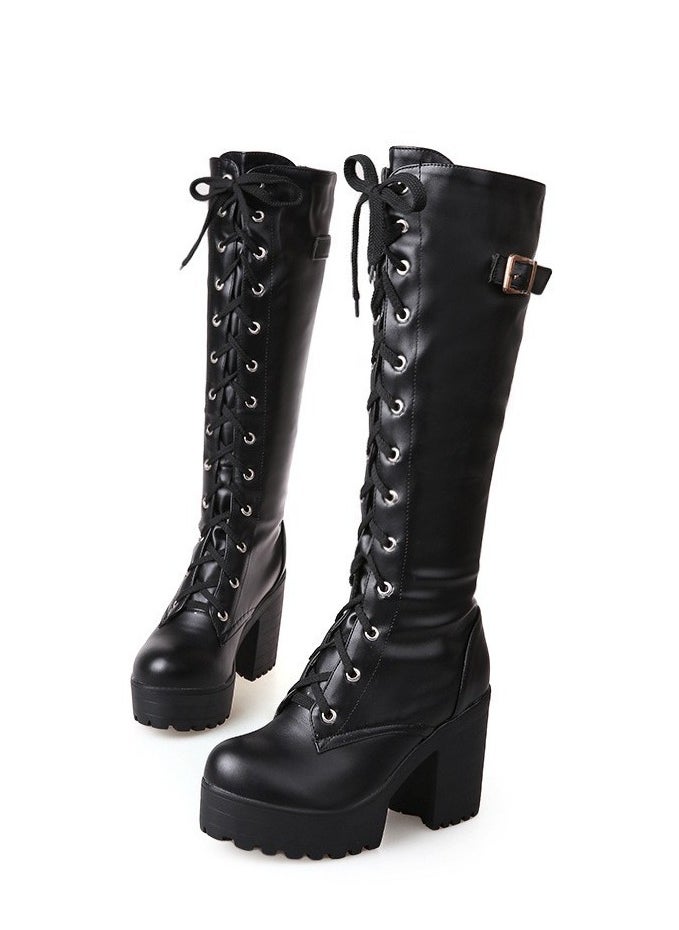 Loquat Women's Thick High Heels Lace Up Boots Round toe Punk Platform Booties Black  - Image 1