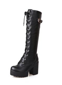 Loquat Women's Thick High Heels Lace Up Boots Round toe Punk Platform Booties Black  - Image 2
