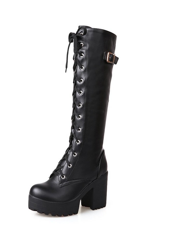 Loquat Women's Thick High Heels Lace Up Boots Round toe Punk Platform Booties Black  - Image 2
