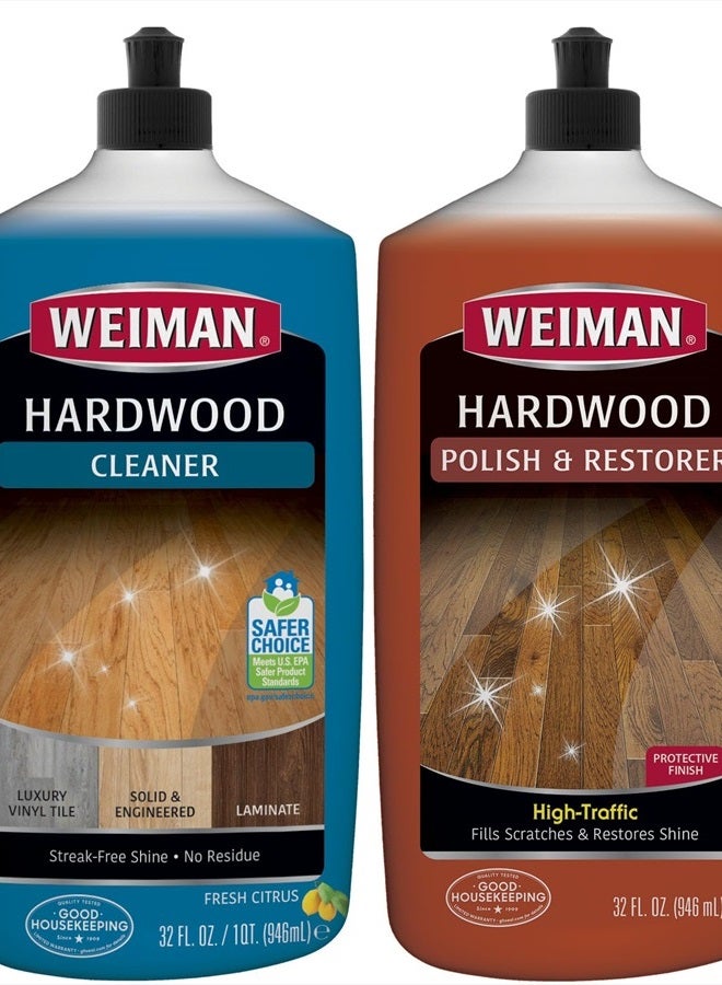 Weiman مجموعة منظف ومرمم للأرضيات الخشبية - عبوتان - للأرضيات الخشبية ذات الحركة العالية، لمعان طبيعي، يزيل الخدوش، يترك طبقة واقية - Image 1