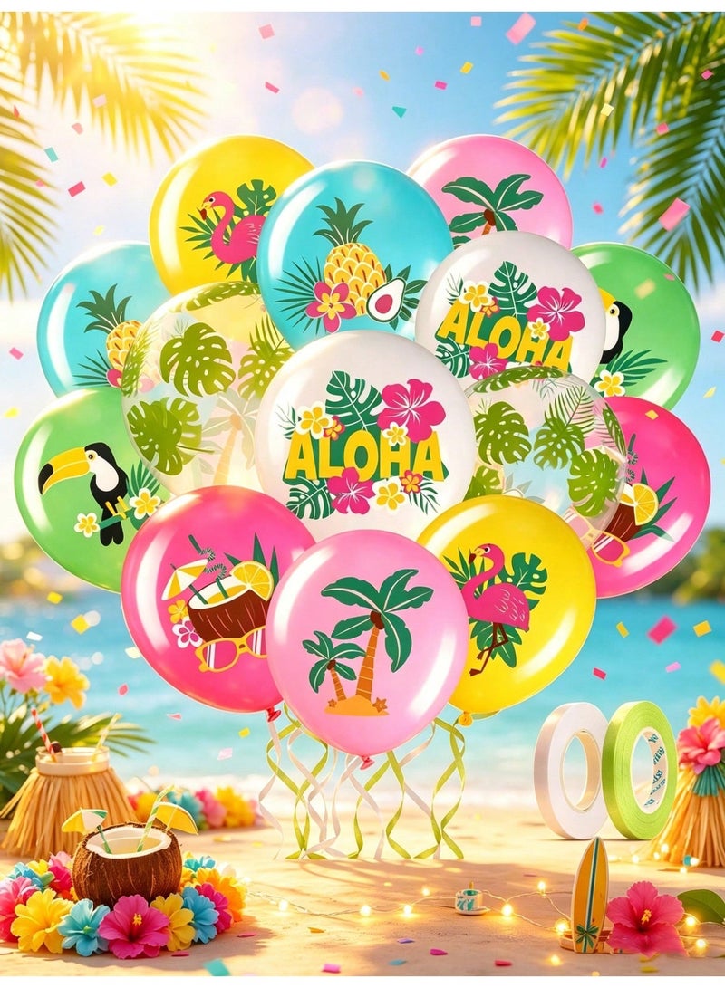 Hawaiian Aloha Party Balloons 25 Pieces 12 Inch With Flamingo Pineapple And Tropical Leaf Designs For Summer Beach And Pool Parties - Image 1