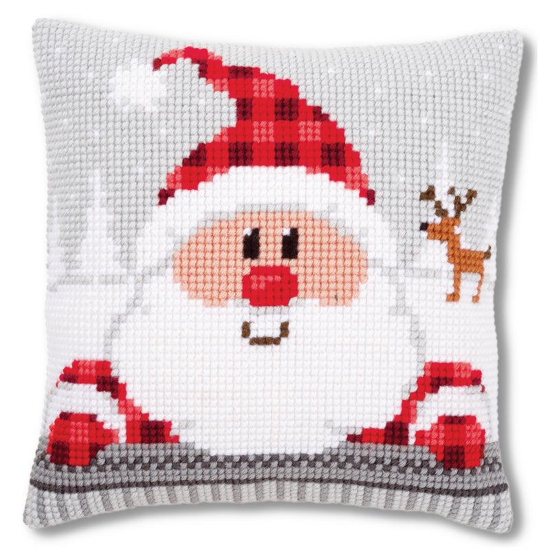 Vervaco Cross Stitch Kit Cushion Santa in a Plaid Hat Acrylic NA 40 x 40cm