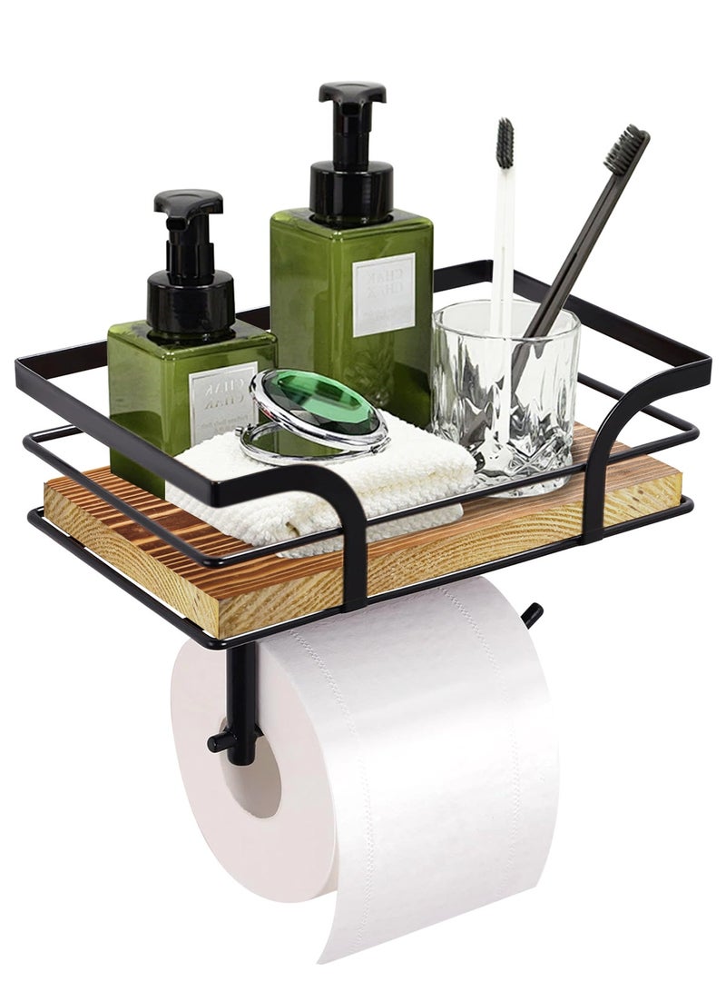 هومار كيت حامل ورق التواليت مثبت على الحائط - حامل ورق التواليت مع رف خشبي للتخزين، منظم ديكور دافئ للحمام للمناديل والهاتف المحمول وحامل مناديل القراءة للحمام والمطبخ، رف خشبي بني فاتح - Image 1