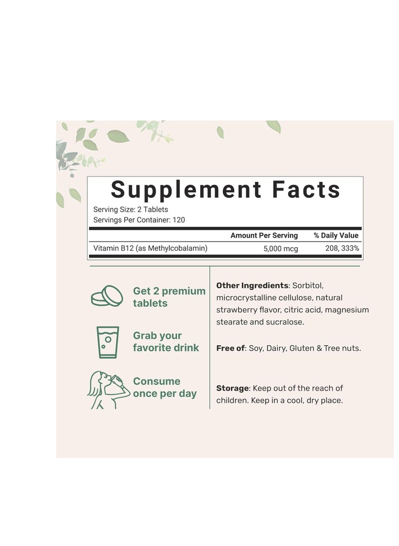 Micro Ingredients - Vitamin B12 Sublingual 5000mcg Methylcobalamin natural strawberry flavor 240 tablets - Image 1