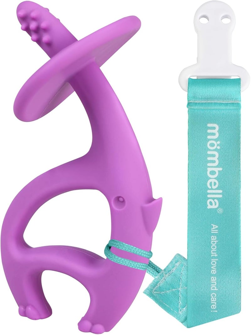 Mombella Purple Elephant Teether for Babies 3-12 Months, 2 in 1 Teether & Toothbrush, Soft Silicone, BPA Free - Image 1