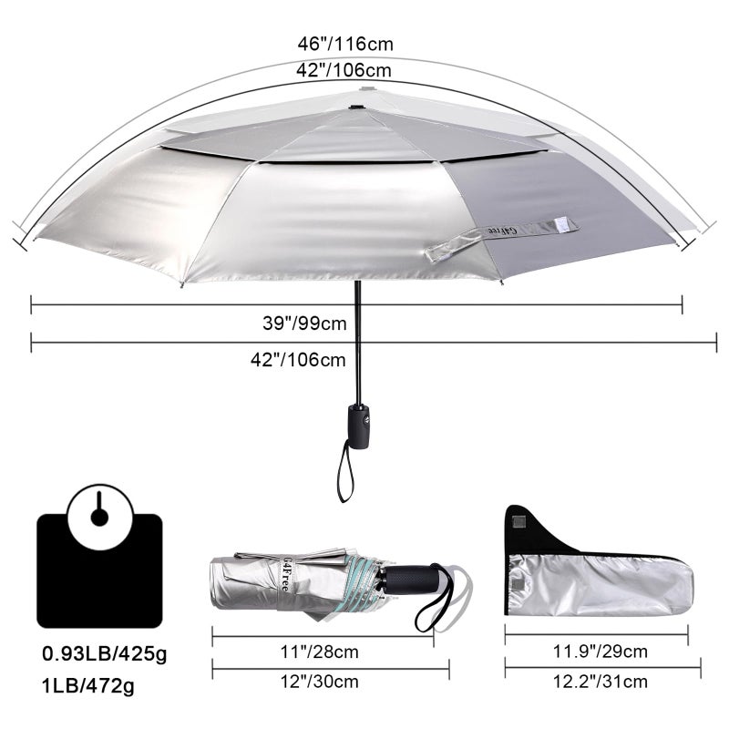 G4Free UPF 50+ UV Protection Travel Umbrella 46 Inch Windproof Silver Coating Sun Blocking Umbrella (Silver/Lake Blue) - Image 5