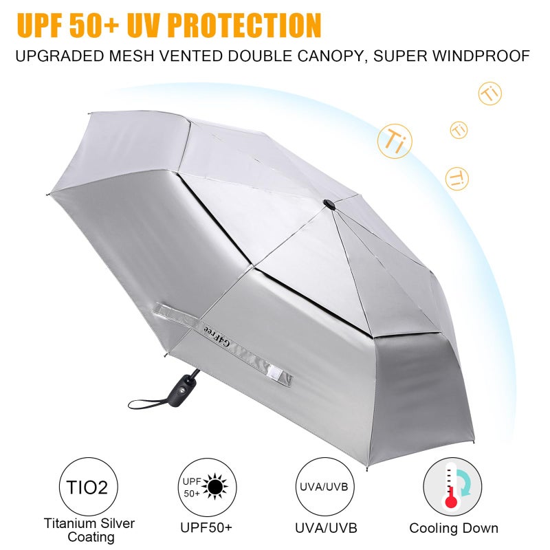 G4Free UPF 50+ UV Protection Travel Umbrella 46 Inch Windproof Silver Coating Sun Blocking Umbrella (Silver/Lake Blue) - Image 3