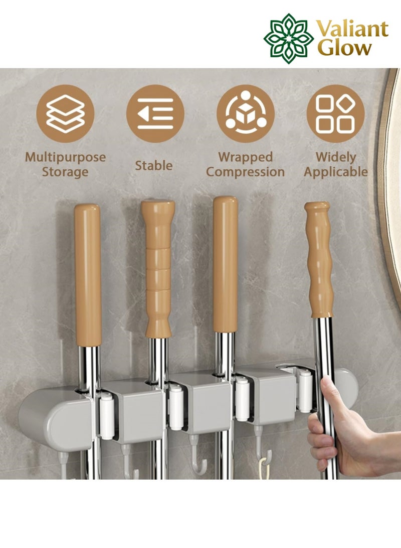 Valiant Glow Wall-mounted mop holder | No-drilling storage rack | Self-adhesive mop and broom organizer | Garden tool storage rack | With 4 slots and 5 hooks | Suitable for home laundry room, bathroom, kitchen, closet, garage, etc. | Gray - Image 5