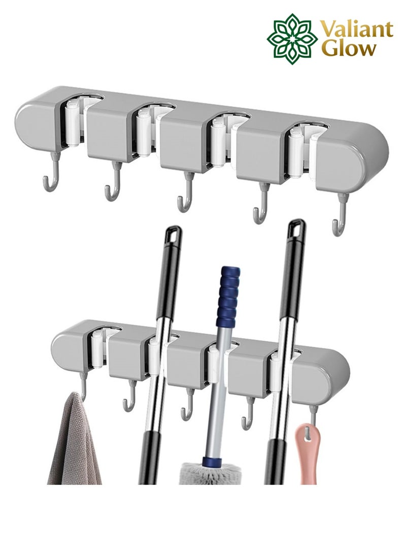 Valiant Glow Wall-mounted mop holder | No-drilling storage rack | Self-adhesive mop and broom organizer | Garden tool storage rack | With 4 slots and 5 hooks | Suitable for home laundry room, bathroom, kitchen, closet, garage, etc. | Gray - Image 1