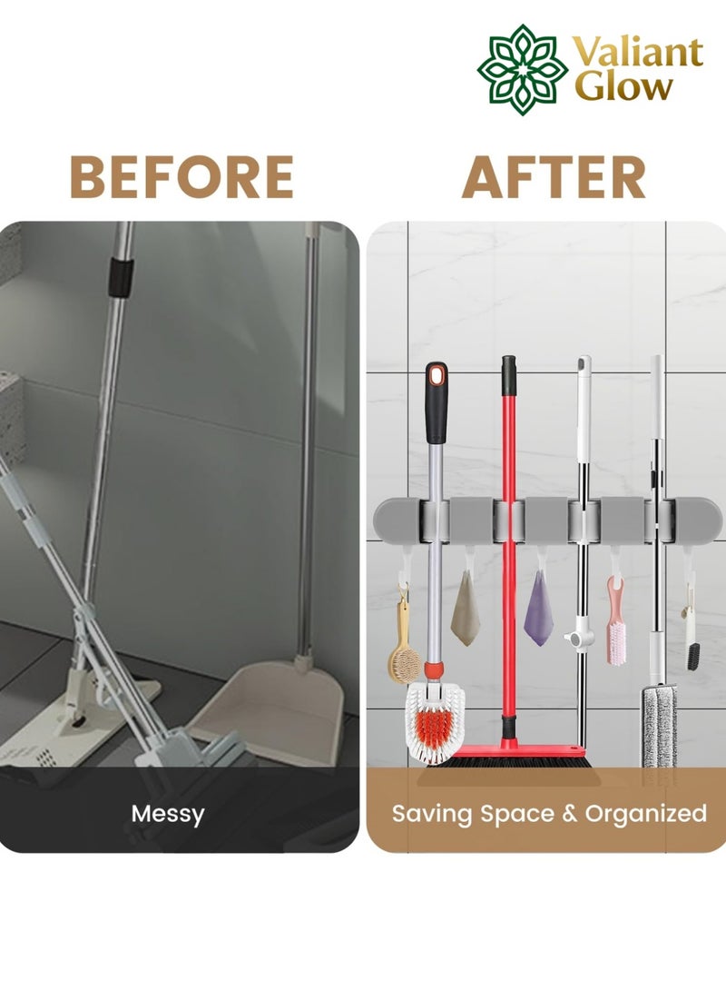 Valiant Glow Wall-mounted mop holder | No-drilling storage rack | Self-adhesive mop and broom organizer | Garden tool storage rack | With 4 slots and 5 hooks | Suitable for home laundry room, bathroom, kitchen, closet, garage, etc. | Gray - Image 4