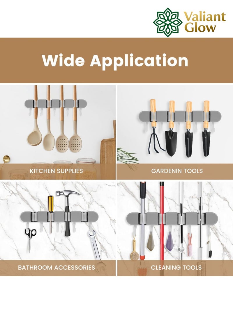 Valiant Glow Wall-mounted mop holder | No-drilling storage rack | Self-adhesive mop and broom organizer | Garden tool storage rack | With 4 slots and 5 hooks | Suitable for home laundry room, bathroom, kitchen, closet, garage, etc. | Gray - Image 2