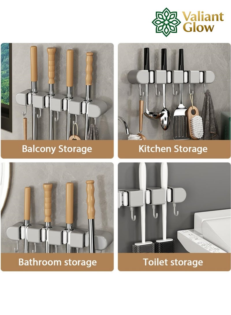 Valiant Glow Wall-mounted mop holder | No-drilling storage rack | Self-adhesive mop and broom organizer | Garden tool storage rack | With 4 slots and 5 hooks | Suitable for home laundry room, bathroom, kitchen, closet, garage, etc. | Gray - Image 3