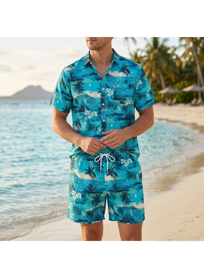 IceZone Men’s 2-Piece Matching Set, Aloha Sunset Print Short Sleeve Button-Up Shirt and Shorts - Image 1
