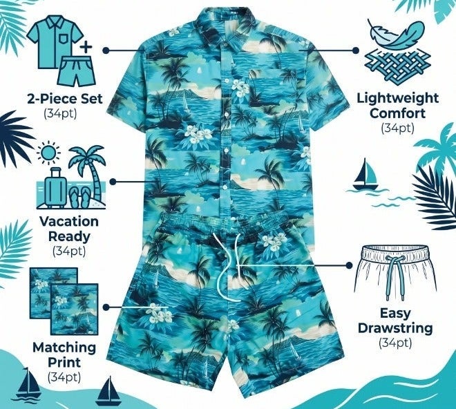 IceZone Men’s 2-Piece Matching Set, Aloha Sunset Print Short Sleeve Button-Up Shirt and Shorts - Image 2
