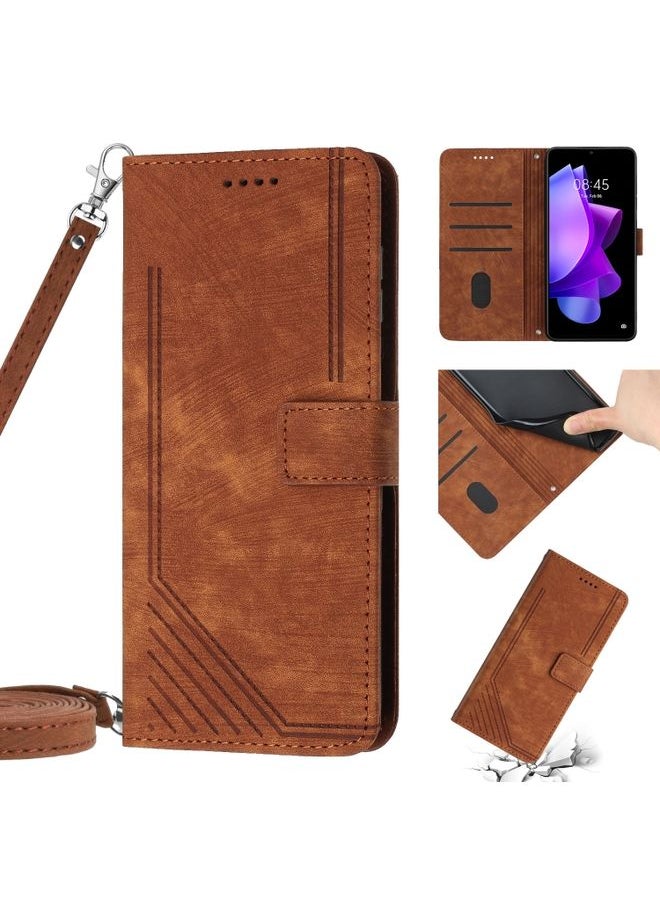 HuHa Case Cover For For Tecno Spark 9 Pro Skin Feel Stripe Pattern Leather Phone Case with Lanyard(Brown) 