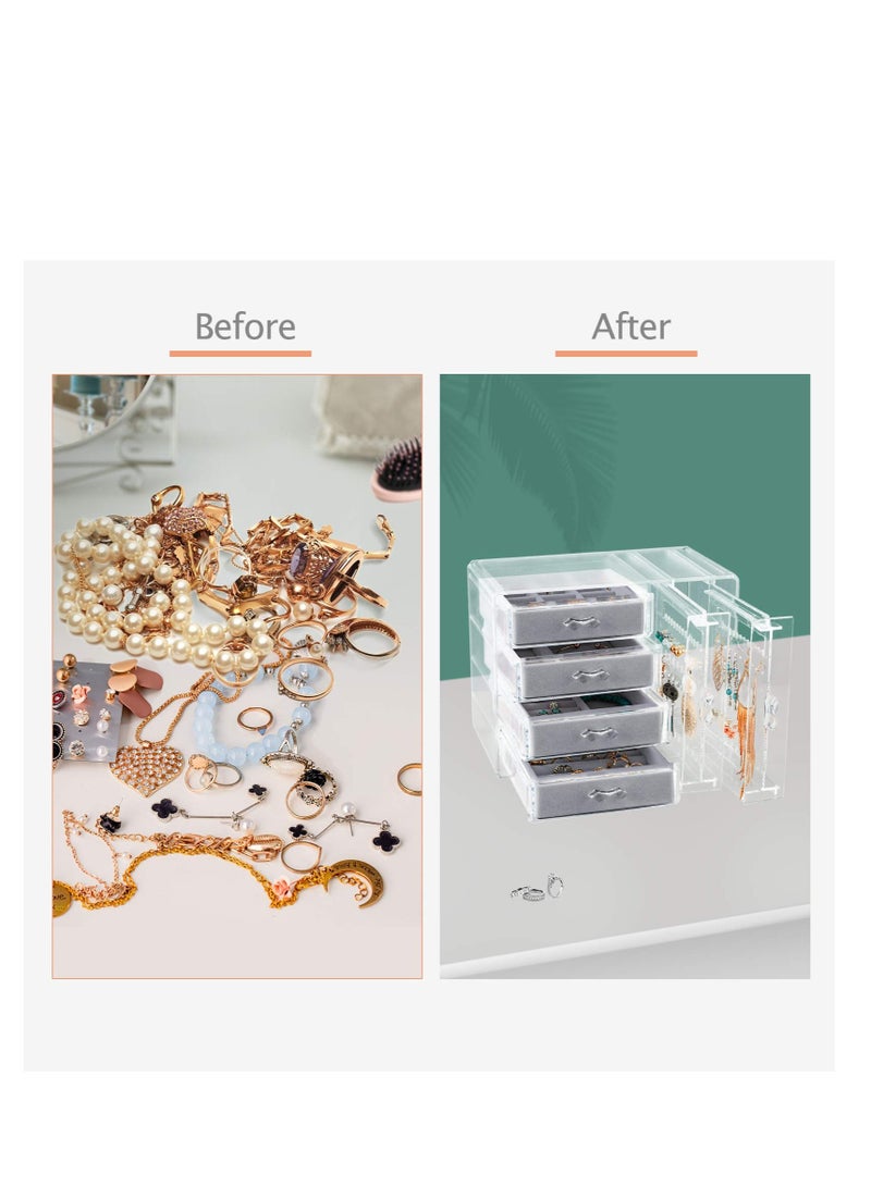 Excefore Acrylic Jewelry Box, Clear Jewelry Organizer, with 4 Drawers & 2 Earring Holder, Dustproof Velvet Jewelry Display Case, For Bracelet Necklace Rings Storage, for Jewelry Storage and Display Gift - Image 2