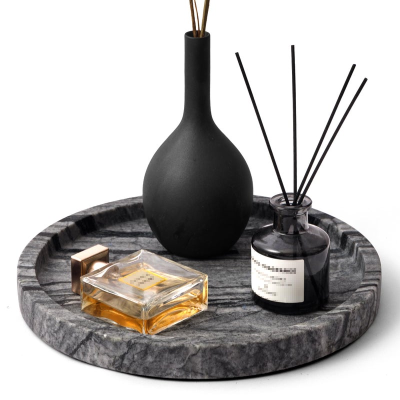 WORHE Natural Marble Vanity Tray for Bathroom Bedroom Kitchen Dresser Round Decorative Trays for Jewelry Perfume Cosmetic Candle Countertop Storage Organizer for Home Decor Gray Black WH017 - Image 2