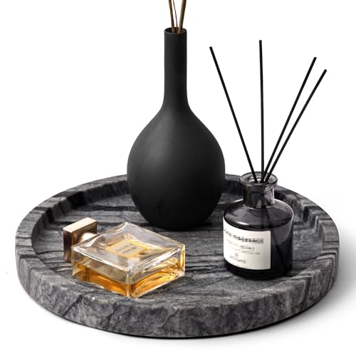 WORHE Natural Marble Vanity Tray for Bathroom Bedroom Kitchen Dresser Round Decorative Trays for Jewelry Perfume Cosmetic Candle Countertop Storage Organizer for Home Decor Gray Black WH017 - Image 1