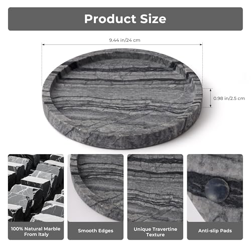 WORHE Natural Marble Vanity Tray for Bathroom Bedroom Kitchen Dresser Round Decorative Trays for Jewelry Perfume Cosmetic Candle Countertop Storage Organizer for Home Decor Gray Black WH017 - Image 3