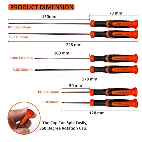 Harden Professional 6PCS Precision Long Reach Magnetized Tip Screwdriver Set (Slotted 3mm - 3 Pcs and Phillips PH00-3 Pcs), S2 Steel, Plastic Handle - 550123 - Image 2