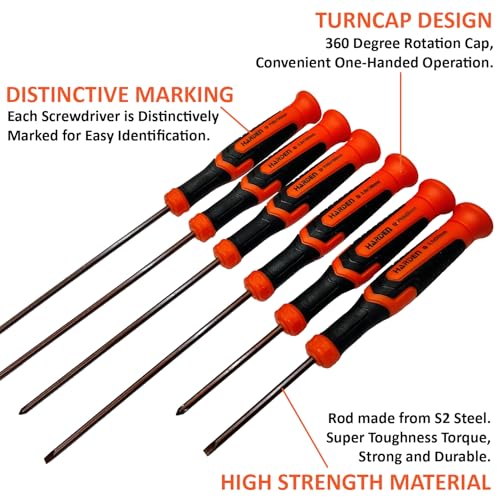 Harden Professional 6PCS Precision Long Reach Magnetized Tip Screwdriver Set (Slotted 3mm - 3 Pcs and Phillips PH00-3 Pcs), S2 Steel, Plastic Handle - 550123 - Image 5