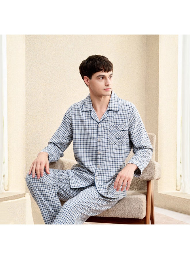 MEIBIAO American Standard Men's Autumn Winter Cardigan Loose Fit Long Sleeve Plaid Pure Cotton Outerwear Loungewear Blue L - Image 1