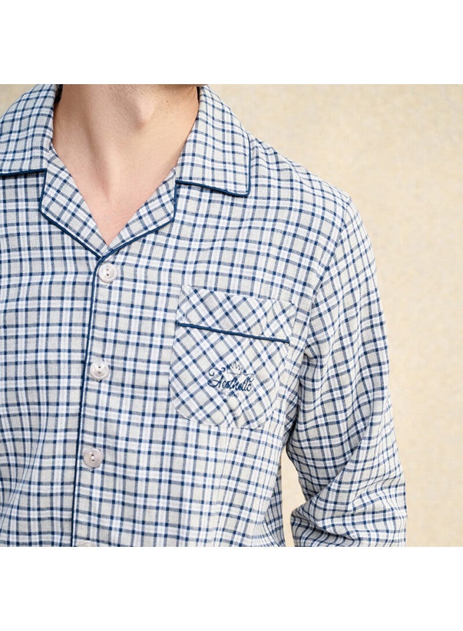 MEIBIAO American Standard Men's Autumn Winter Cardigan Loose Fit Long Sleeve Plaid Pure Cotton Outerwear Loungewear Blue L - Image 2