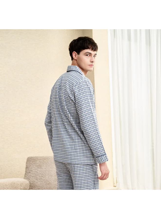 MEIBIAO American Standard Men's Autumn Winter Cardigan Loose Fit Long Sleeve Plaid Pure Cotton Outerwear Loungewear Blue L - Image 5
