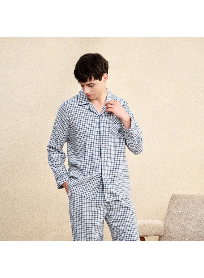 MEIBIAO American Standard Men's Autumn Winter Cardigan Loose Fit Long Sleeve Plaid Pure Cotton Outerwear Loungewear Blue L - Image 3
