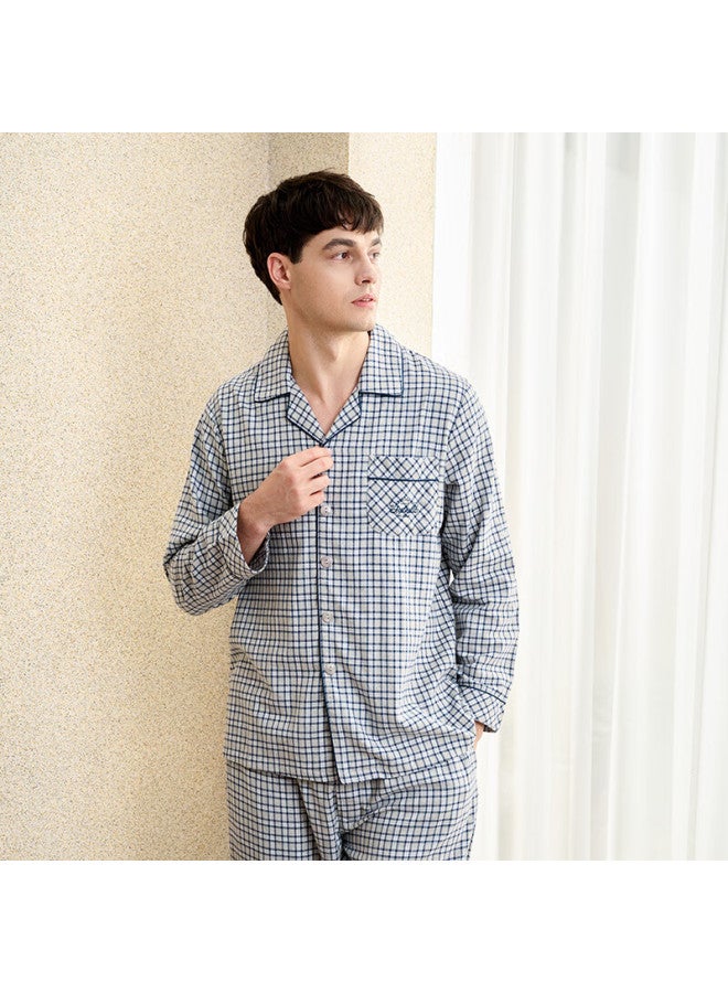 MEIBIAO American Standard Men's Autumn Winter Cardigan Loose Fit Long Sleeve Plaid Pure Cotton Outerwear Loungewear Blue L - Image 4