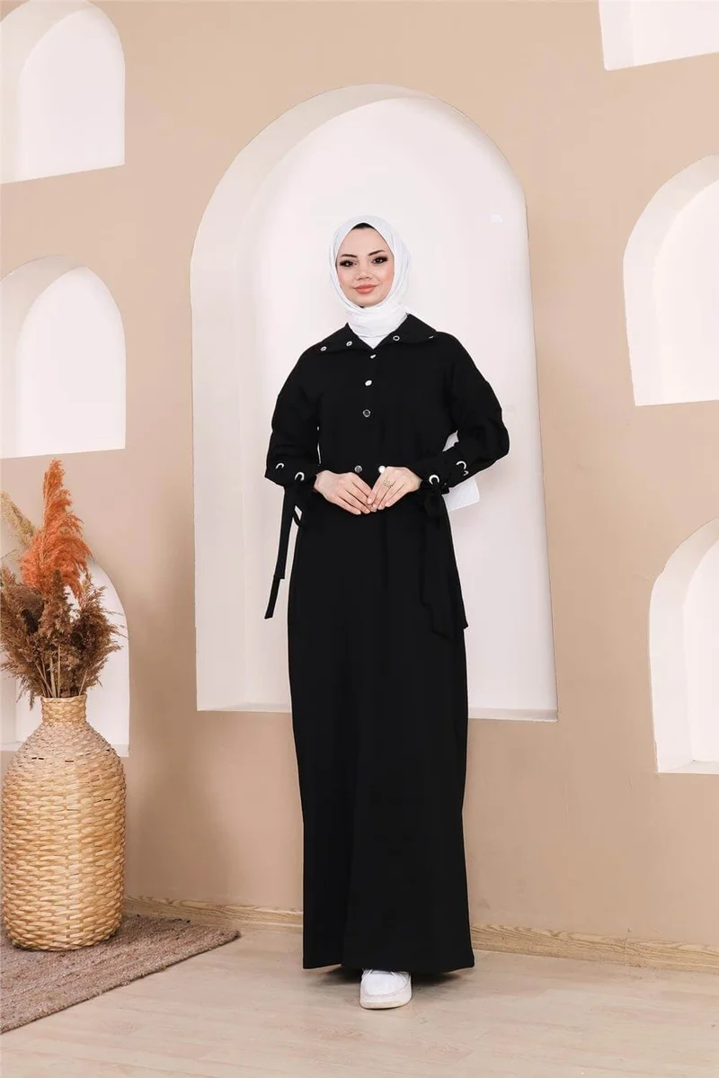 بي ويست Waist-Tie Snap-Sleeve Stripe Detailed Long Dress - 71183.003 - Black