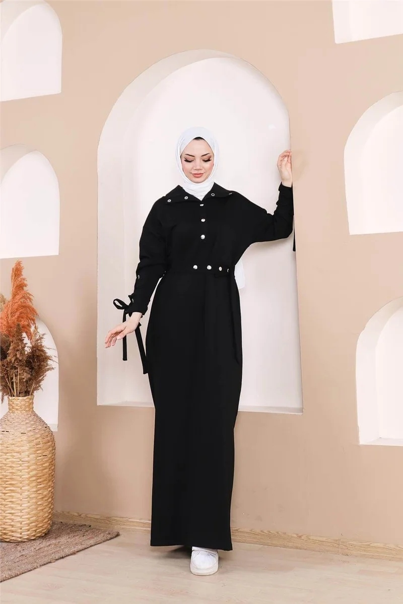 بي ويست Waist-Tie Snap-Sleeve Stripe Detailed Long Dress - 71183.003 - Black