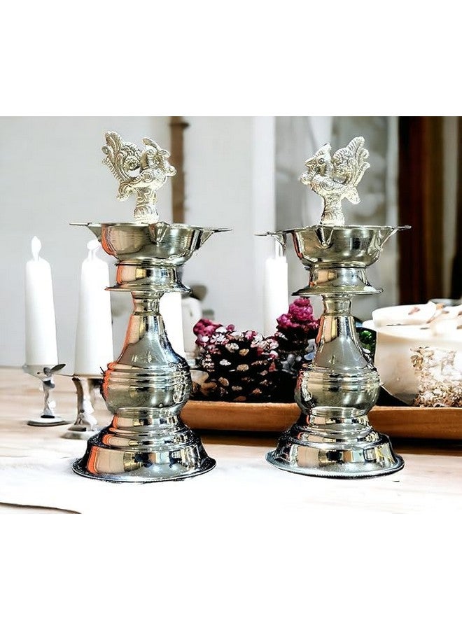 Sigaram German Silver 8x3.5 InchPeacock Handle Diya for Home & Temple Pooja Decore K3135 - Image 1