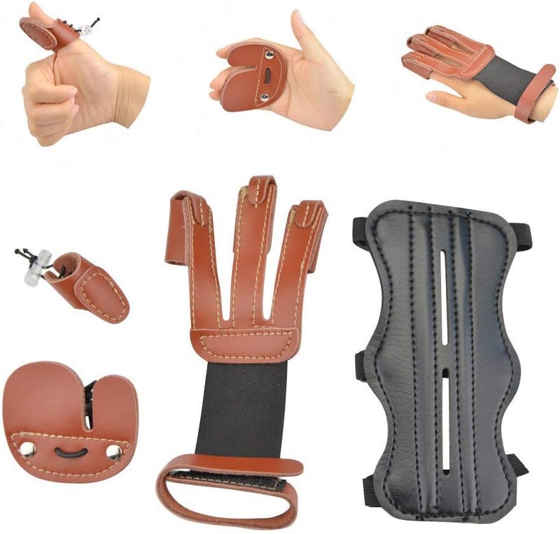 SHARROW Archery Protector Set Glove 3 Finger Guard Leather Arm Guard Bracers Finger Tabs Thumb Ring Finger Protector Protective Gear Set for Compound Bow Recurve Bow Shooting Hunting - Image 1