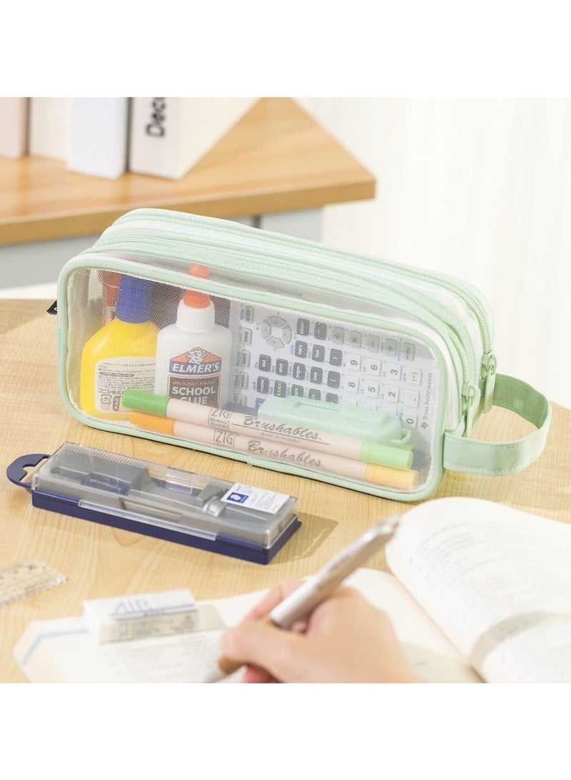Spacious Mesh Pencil Case with Dual Compartments, Clear Handheld Pouch for School and Office Use, Ideal for Teens and Adults, Stylish Green Design - Image 2