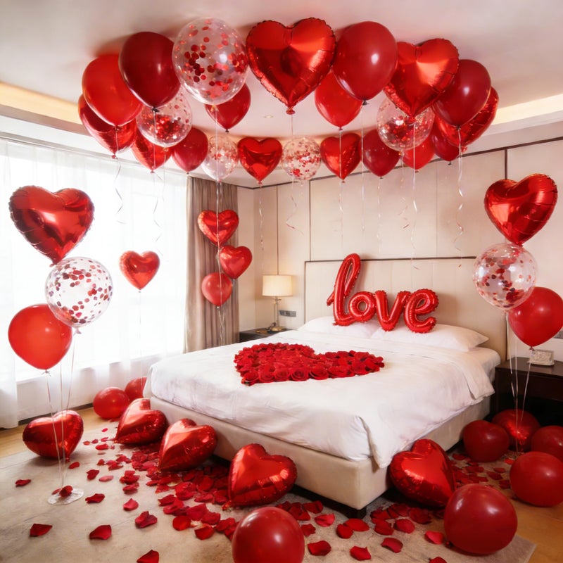 IMISHM Valentines Day Decorations Set Love Balloons and Red Heart Balloons With Fake Rose Petals for Valentines Day Galentines Party Decorations Proposal Wedding Anniversary Decor - Image 1