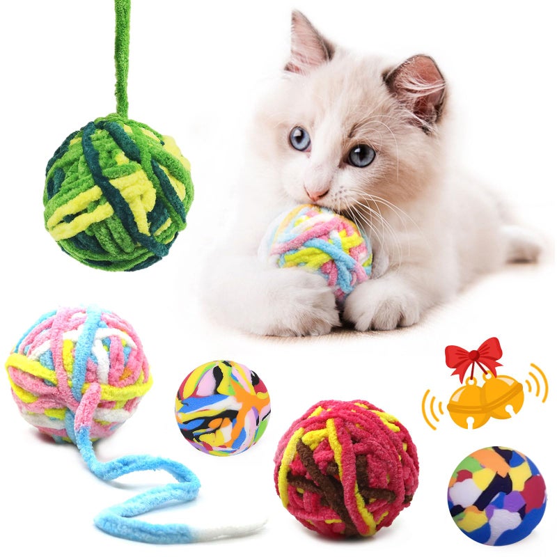 AP ARTSPER 5 PCS Cat Ball Toys Colorful Woolen Yarn Balls Builtin Bell for Cats Furry Rattle Ball for Kitty and Kitten Training Indoor Play Pet Cat Interactive Chasing Chewing Molar Cotton Thread Ball Toys - Image 2