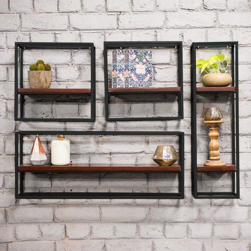 Elan Elan Grid Metal Wood Wall ShelfRacks and ShelvesBook ShelfWall Decoration for Living Room Set of 4 Matt Black 