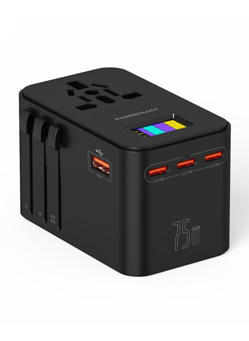 Powerology Universal Charger GaN 75W with 4-Ports Super Fast Charging + AC / Travel Charger / Multi-Port / Laptop Charger / Power Display - Black  - Image 3