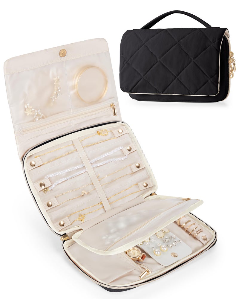 Marscamd Travel Jewelry Organizer Case for Women, Foldable Jewelry Bag for Earrings, Rings, Necklaces, Bracelets, Brooches, Black - Image 1