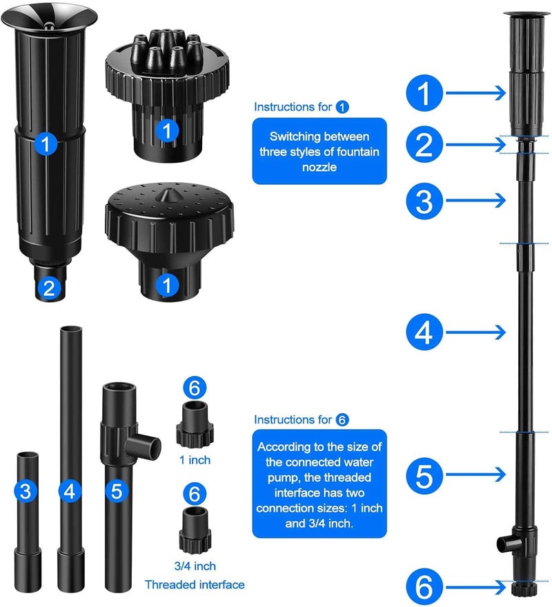HOTECHE Fountain Pump Nozzle kit 8PC Mushroom Spray Head Kit for Pond Pumps - Water Fountain Nozzle Set Submersible, Black - Image 4
