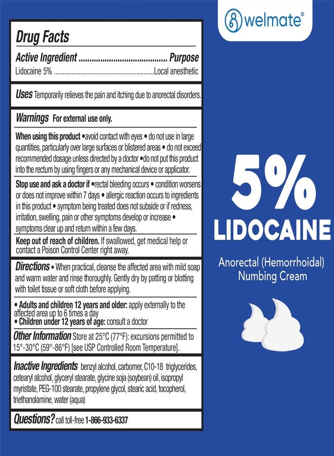 WELMATE 5% Lidocaine Cream for Hemorrhoids – Fast-Acting Lidocaine Numbing Cream & Topical Analgesic Cream for Anorectal Itch Relief, Unscented, Child Resistant Packaging 2 oz (60g) - Image 5
