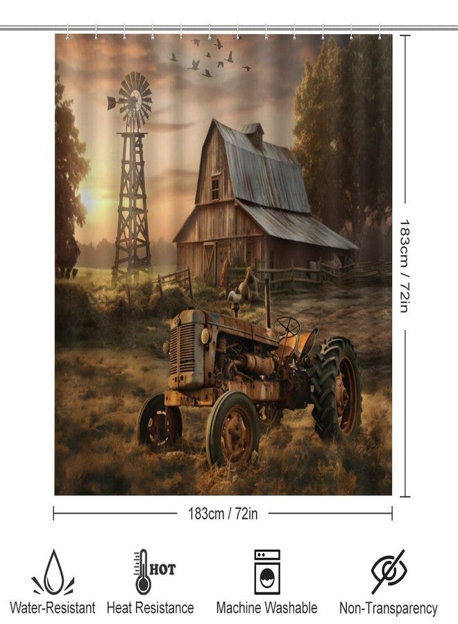 FBMLBRB 4 Pcs Vintage Watercolor Old Tractor Shower Curtain 12 Hooks, Oil Painting Western Farmhouse Harvest Farm Sunflower Tractor Bathroom Set Shower Mat Shower Curtain Rug - Image 2