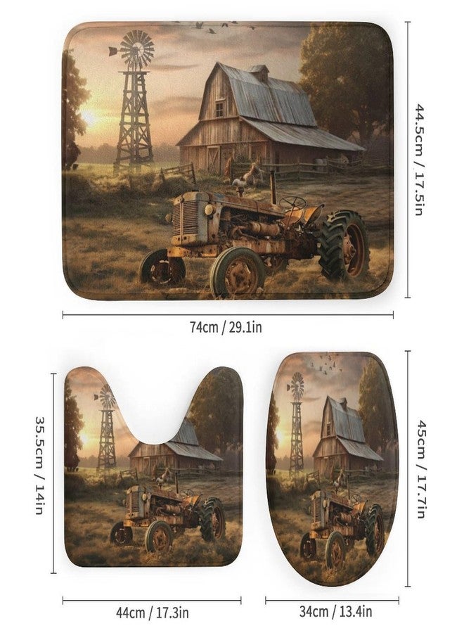 FBMLBRB 4 Pcs Vintage Watercolor Old Tractor Shower Curtain 12 Hooks, Oil Painting Western Farmhouse Harvest Farm Sunflower Tractor Bathroom Set Shower Mat Shower Curtain Rug - Image 3